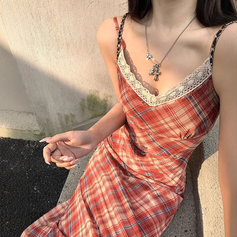 Lace V-neck Red Plaid Sling dress Women's Spring and Summer Spice Girl Tight Waist Slimming Holiday Style Hip Long Skirt