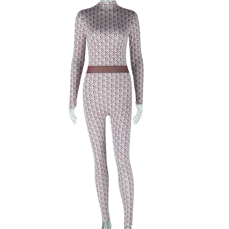 Ropa de mujer de comercio exterior europea y americana moda impresa calle cuello redondo pantalones de manga larga pantalones cuerpo fitness mono mujer entrega de una sola pieza