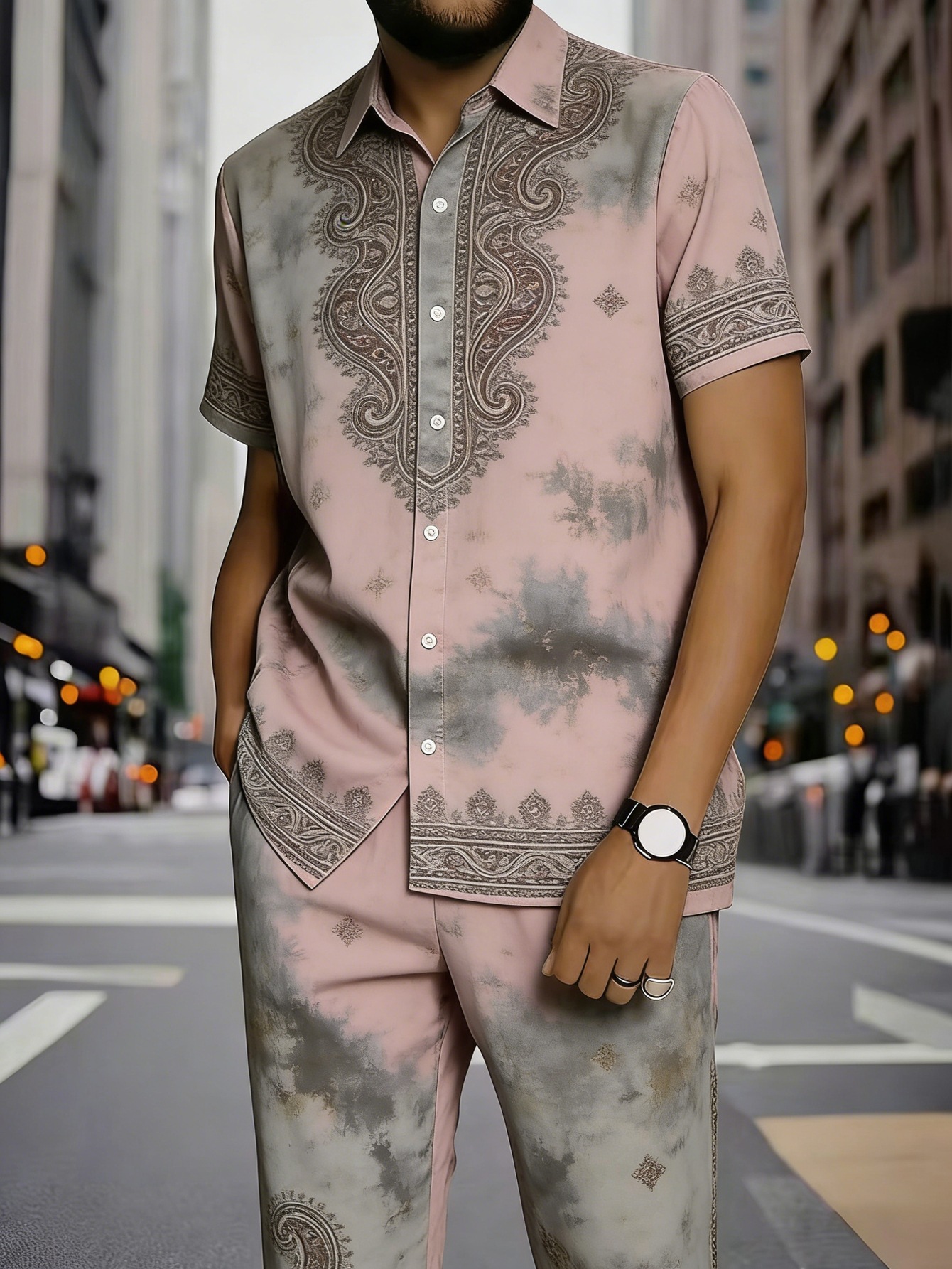 Men's Clothing Men's Commuter Style Short Sleeve Shirt And Shorts Set Collared Geometric Print Spring Summer_viptrois.com