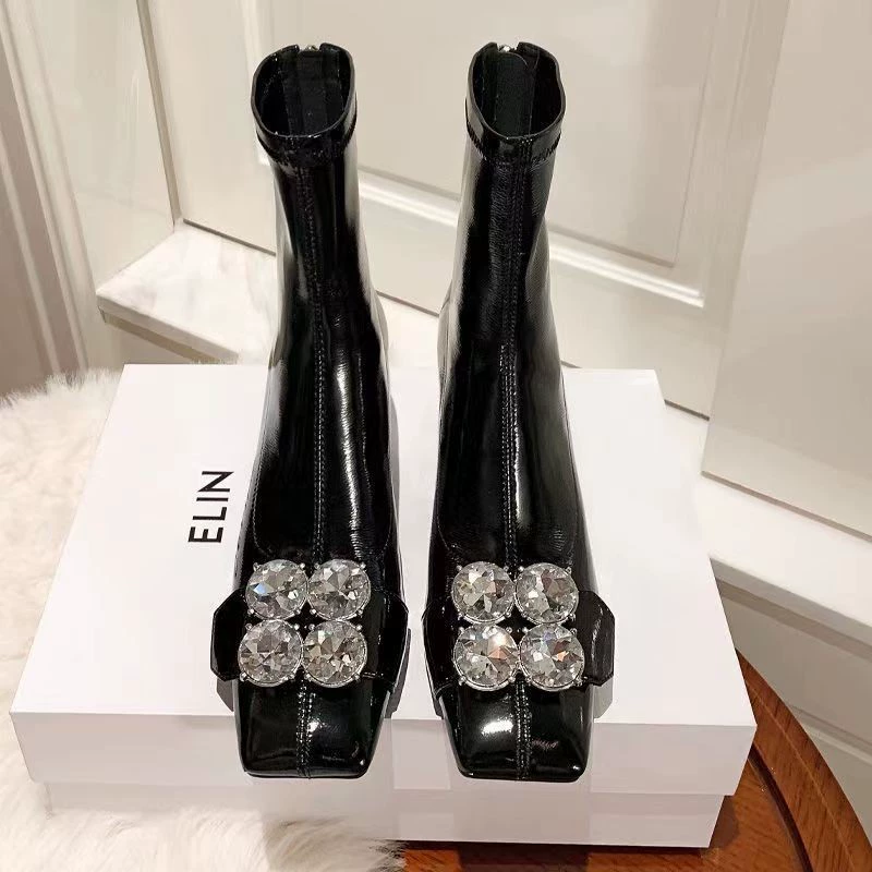 Квадратные сапоги женская сетка красные стразы на высоких каблуках