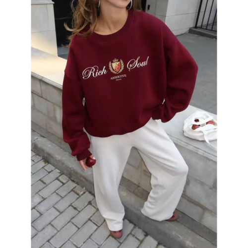 European and American Style Autumn/Winter Casual Versatile Loose Fleece Lined Thick Fashion Print Hooded Crew Neck Sweatshirt for Women