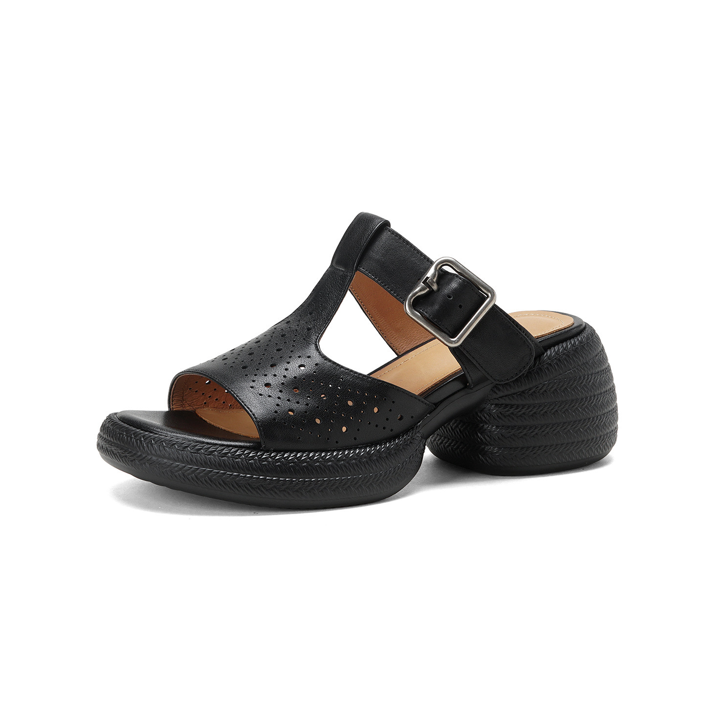 Sandal nữ da bò cao gót quai chữ T đế dày — đen chi tiết 23