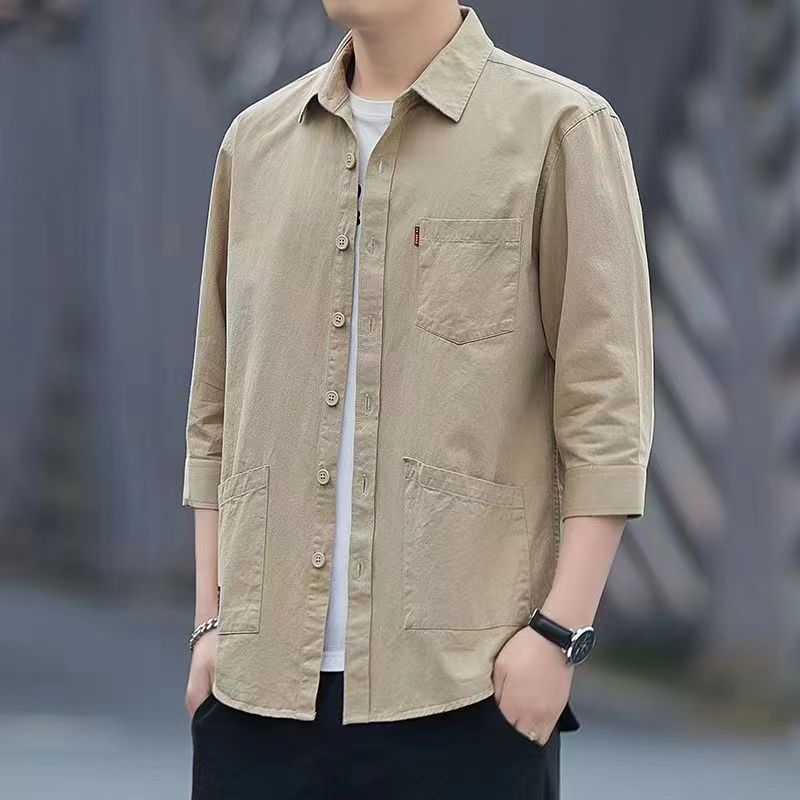 Spring and summer cotton shirt men's long-sleeved loose shirt men's casual 3/4 sleeve non-ironing pure cotton in stock