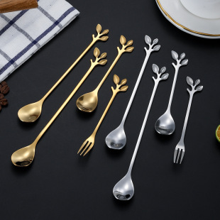 Stainless steel leaf spoon Internet celebrity dessert spoon mixing spoon coffee spoon European gold tableware household spoon cute spoon