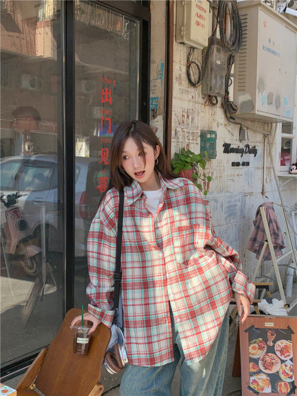 韓国版の新型のゆったりした長袖の格子のシャツの婦人服の春と秋のカジュアルな怠惰なシャツの上着の女性の上着|undefined
