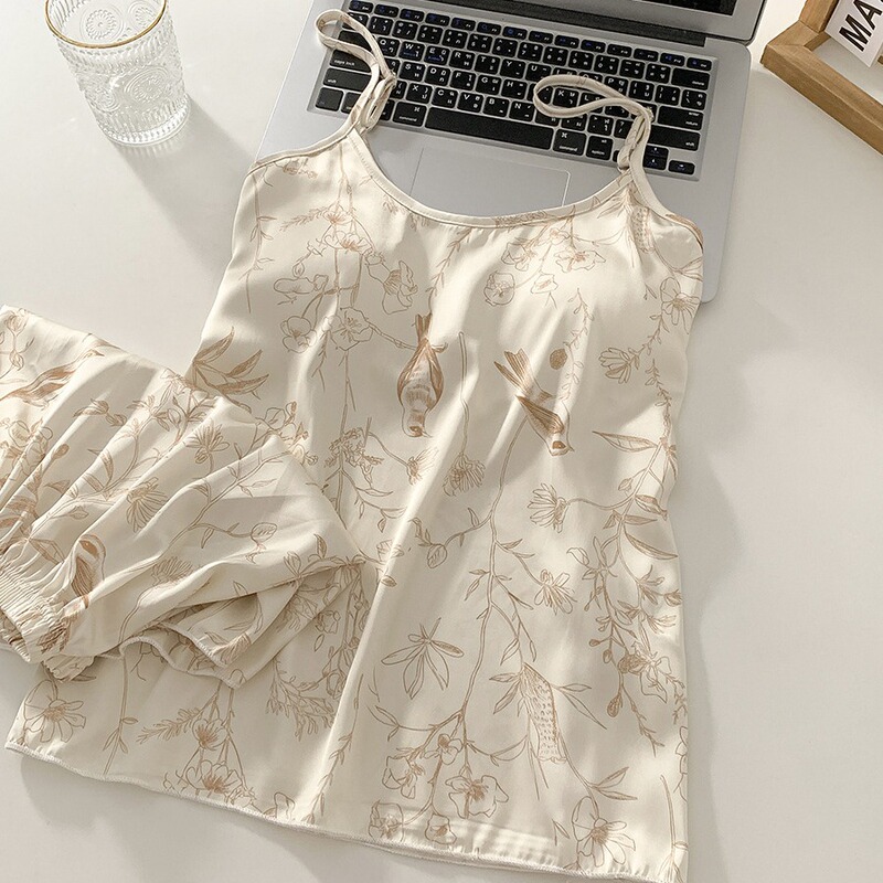 2024 Summer New Arrival Pajamas for Women with Chest Pad Sexy Thin Ice and Snow Silk Sling Two-Piece Set Cool Touch Home Clothes