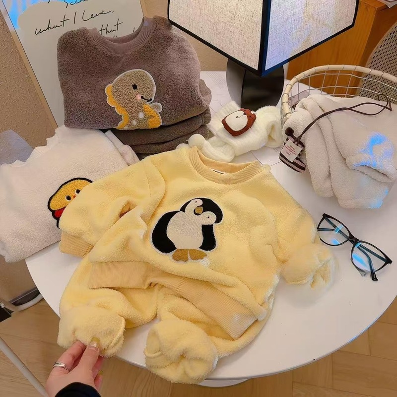 儿童加绒睡衣宝秋冬季新款加厚家居服男童女童云朵绒外穿保暖套装|undefined
