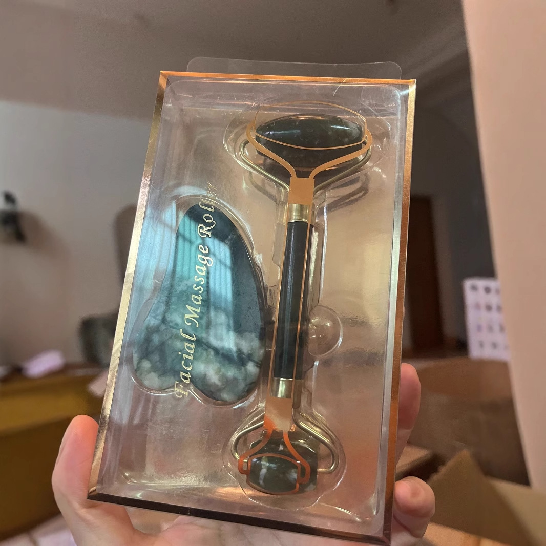 Fábrica de fuentes masajeador facial de jade natural, empujador facial de belleza facial, conjunto de placa de rueda de jade