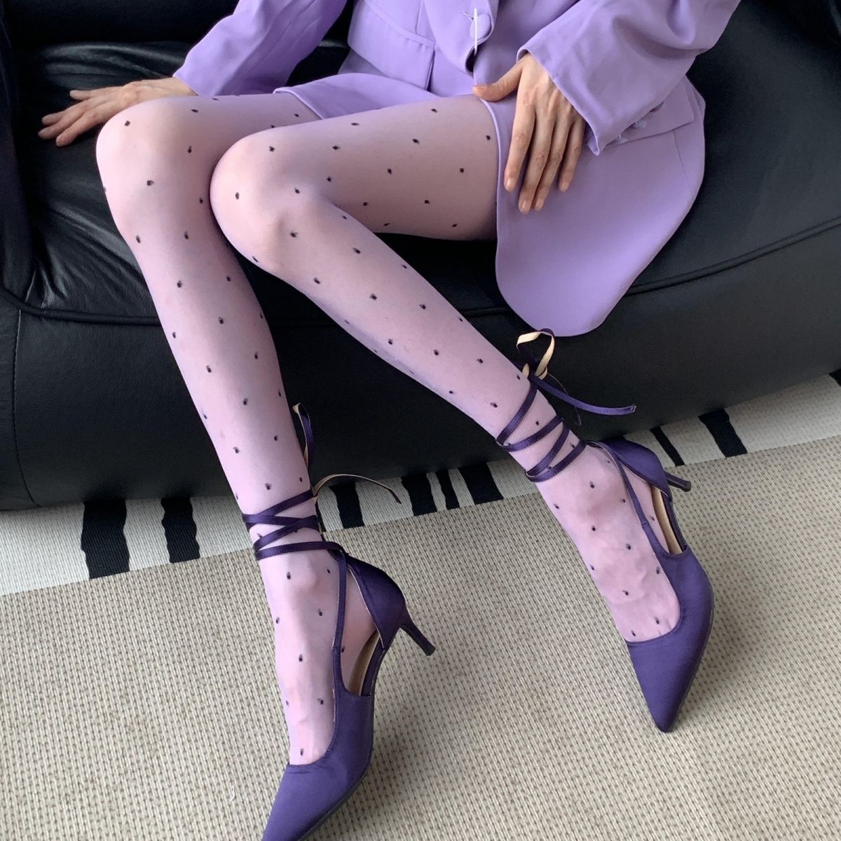 Stile francese Vintage Dolce Viola Pois Y2k Primavera-estate Stile balletto Dopamina Sexy Nero ad alta trasparenza_voghion.com