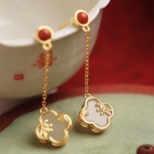 古法金和田玉纯银镀18k金四叶草耳环女 轻奢气质宫廷古风耳饰耳坠