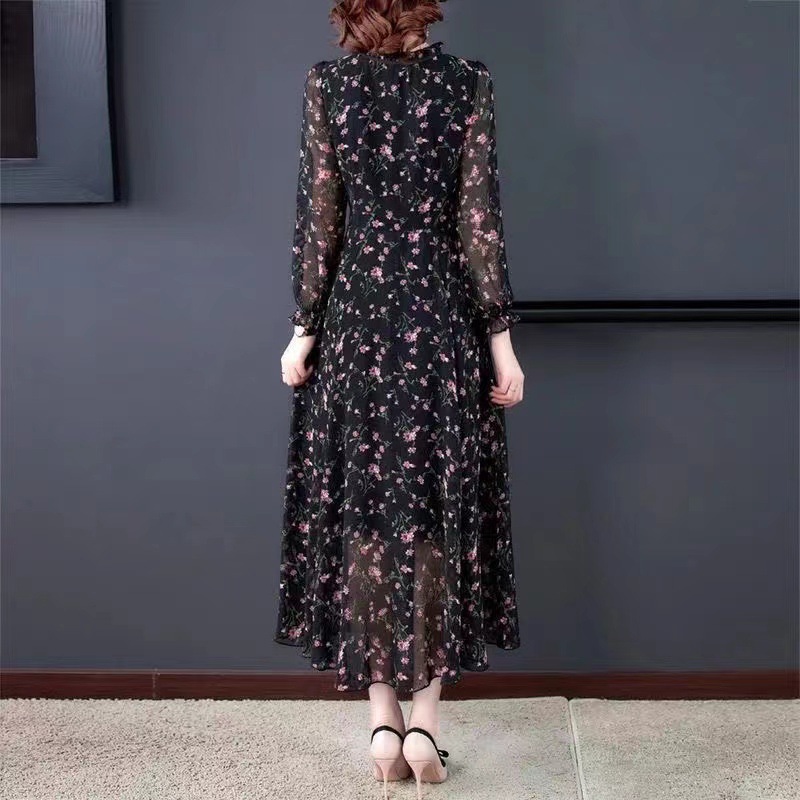 Chiffon Shirt Women's Long-Sleeved 2025 Spring New Floral Dress Women's Large Size Fat mm Age-Reducing Bottoming Long Skirt