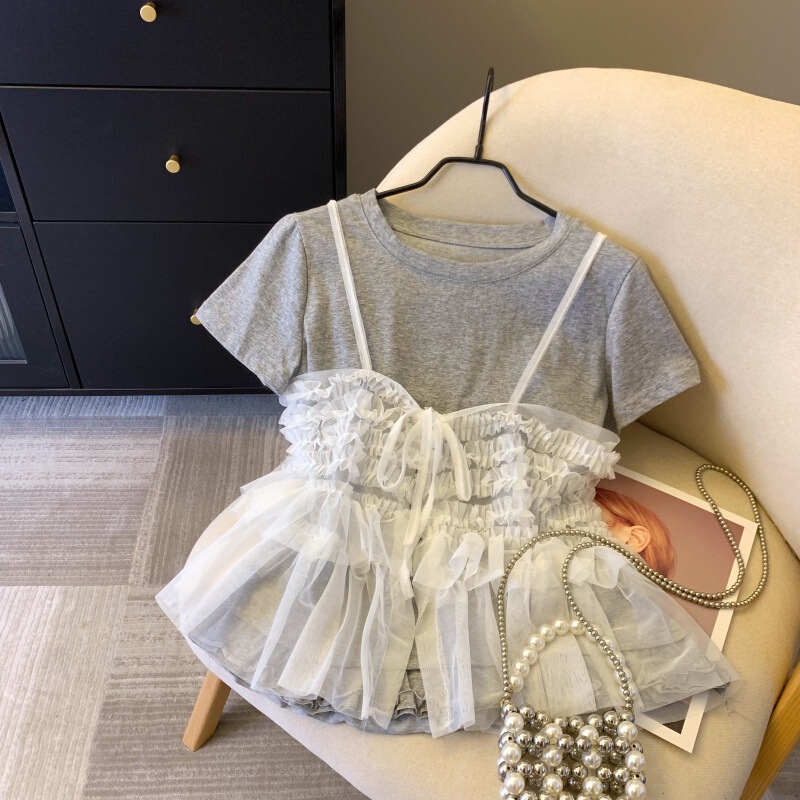 Real Shot~2026 Summer Korean Style Sweet Lace-Up Mesh Camisole with Lace Hem Short-Sleeve T-Shirt Two-Piece Set