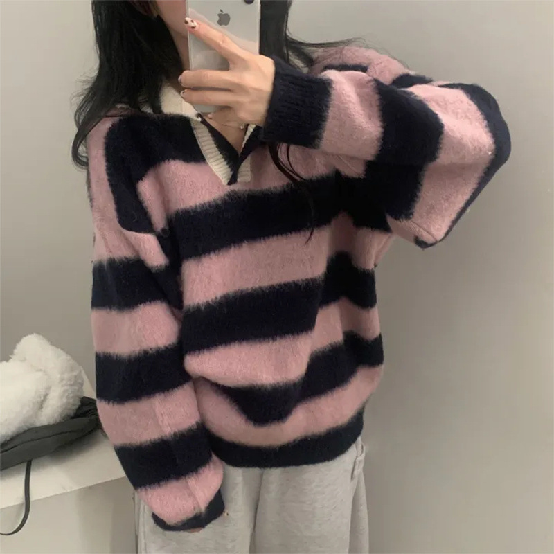 2026 Fall/Winter Hot-Selling Vintage Lazy Faux Mink Fur Striped Sweater with Contrast Color Polo Collar Knit Top for Women 2026 Fall/Winter Hot-Selling Vintage Lazy Faux Mink Fur Striped Sweater with Contrast Color Polo Collar Knit Top for Women