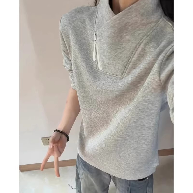 Versatile Diagonal Zipper Sweatshirt With High Neck Long Sleeves_voghion.com