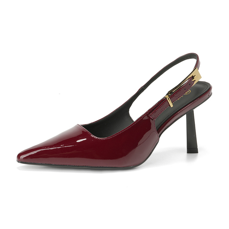 Verano nuevo estilo temperamento puntiagudo rojo vino sandalias de tacón alto moda femenina Baotou sexy charol trasero tacones altos vacíos
