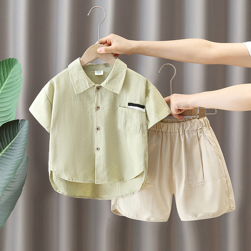 7155 Traje de algodón y lino para niños 2025 verano nuevo estilo camisa de manga corta para niños bebé verano transpirable traje de dos piezas de moda