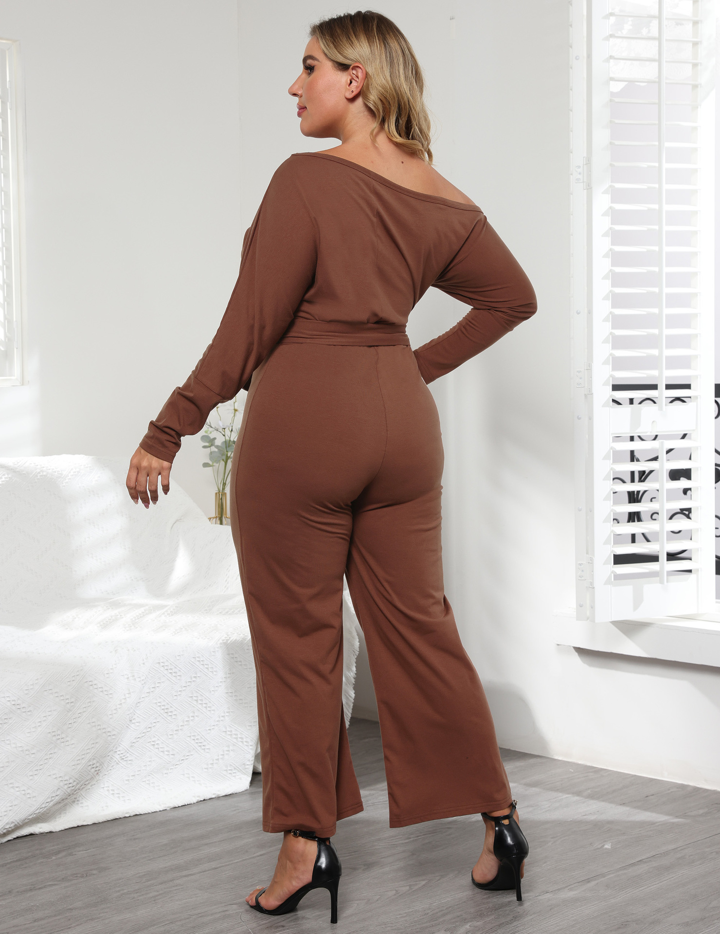 plus size irregular slanted shoulders long-sleeved lace-up solid color jumpsuits NSOY125576