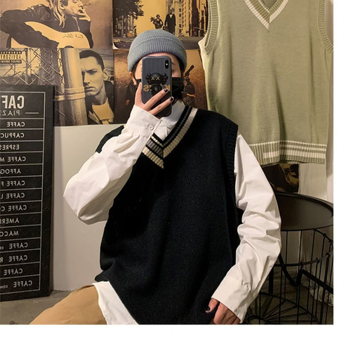Spring and Autumn Harbor Trend Knit Shirt for Men BF Couple College Style Wool Knit V-neckless Cardigan Vest