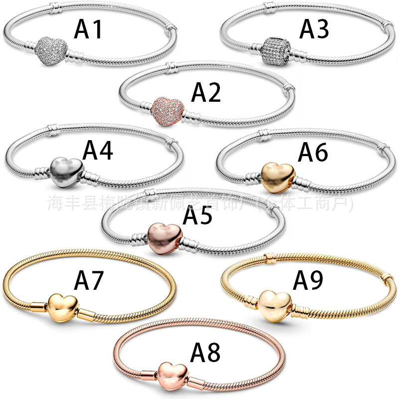 Pandora-Style White Copper Silver-Plated Bracelet for Women, Heart-Shaped Bangle, Snake Chain, Simple Basic Chain, Direct Factory Wholesale