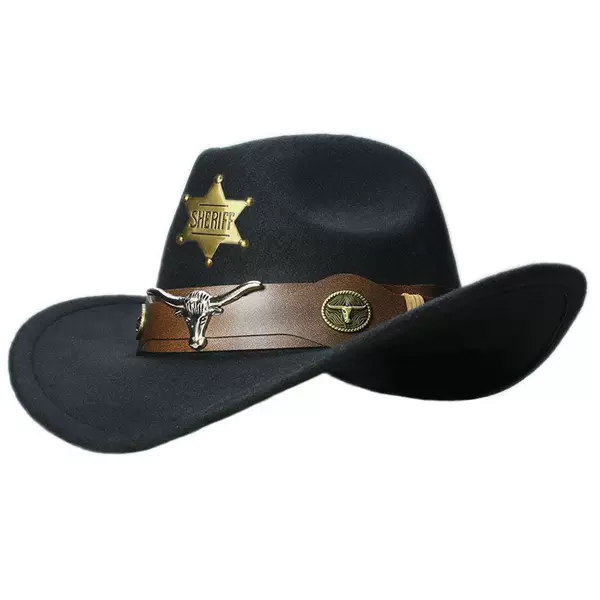 Retro Cow Head Six-Pointed Star Badge Casual Men's and Women's Family Western Cowboy Hat Large Brim Wide Brim Sunshade Warm Hat
