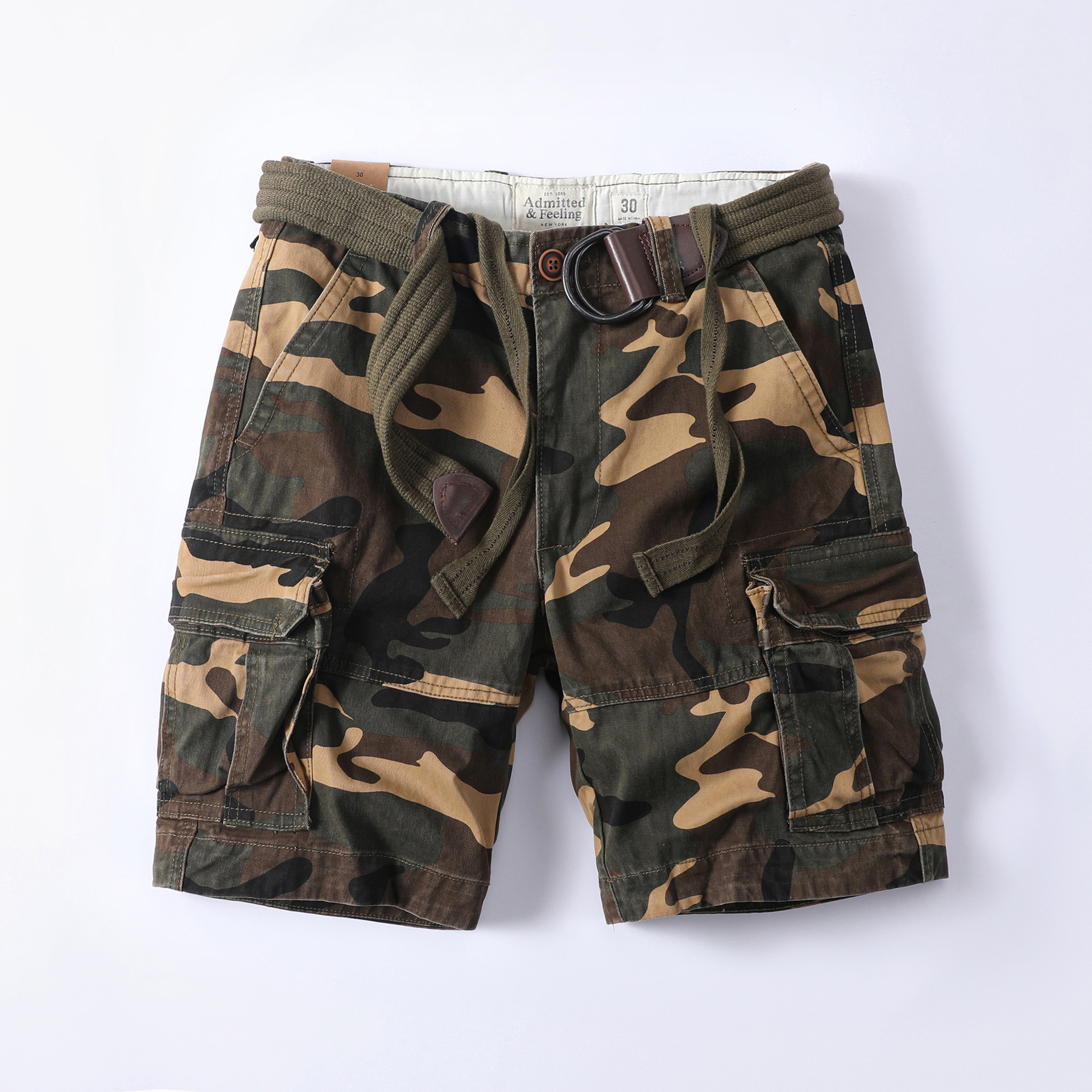 Pantaloncini cargo da uomo Ami Khaki Summer Cotton Camouflage, pantaloni casual taglie forti_voghion.com