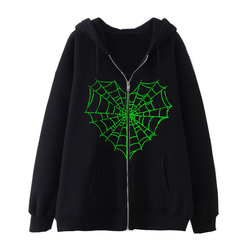 Men's Clothing trendy brand fashionable spider web print zipper hooded cardigan Men's casual versatile long sleeved sweater cardigan_voghion.com