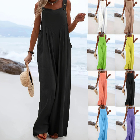 2025 Summer New European and American Cross-Border Amazon Popular Sleeveless Solid Color Jumpsuit Multi-Color Wide-Leg Overalls for Women