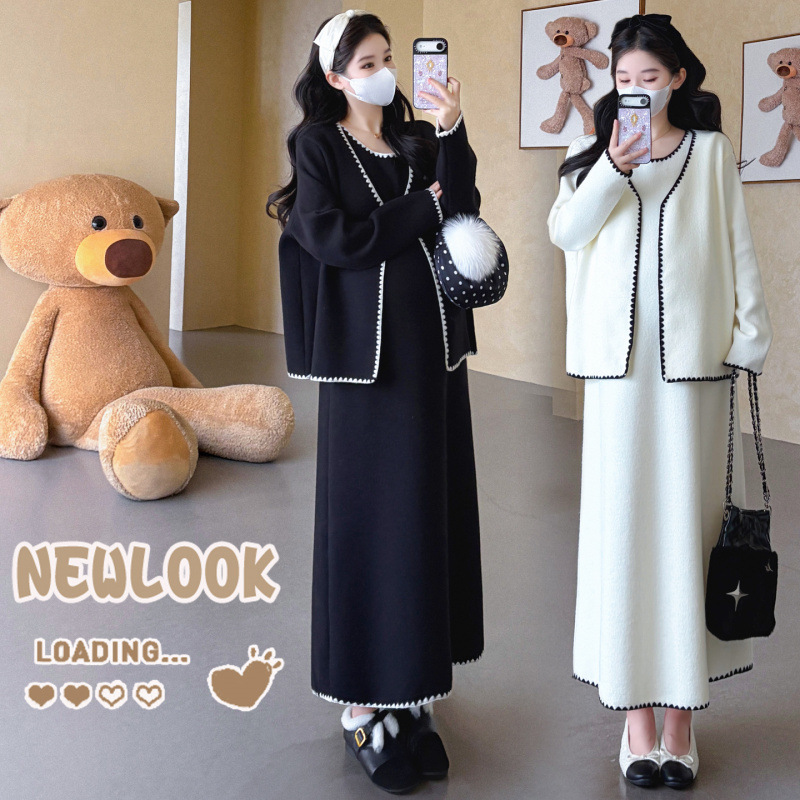 2026 Autumn/Winter Maternity Outfit: Elegant Black and White Contrast Cardigan and Maternity Dress Set 2026 Autumn/Winter Maternity Outfit: Elegant Black and White Contrast Cardigan and Maternity Dress Set