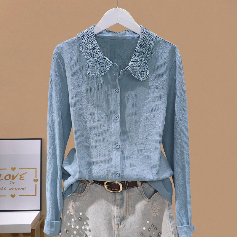 Cotton Shirt for Women 2024 Autumn and Winter New Long-Sleeved Versatile Base Shirt Top Fashion Polo Collar Cardigan Shirt