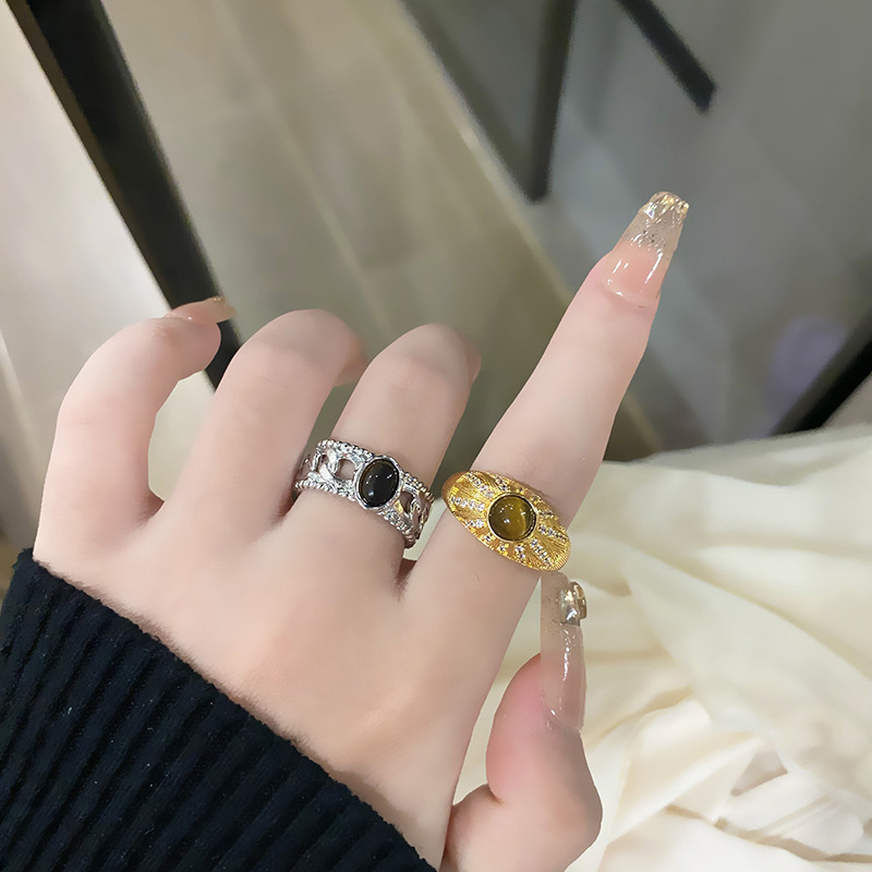 微鑲鋯石中古風金戒指女輕奢高級感指環虎眼石食指環飾品小眾配飾
