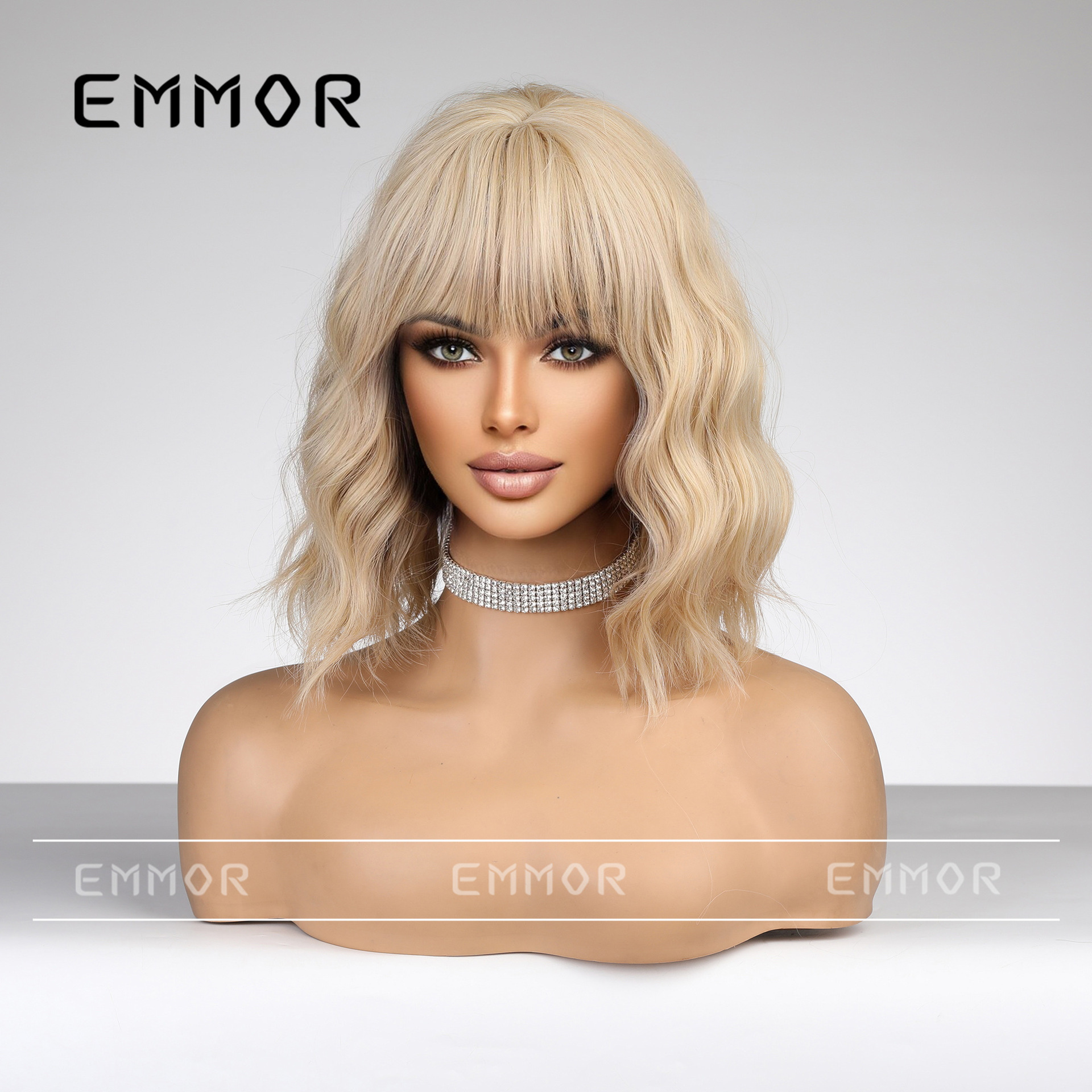 Peluca de moda de comercio exterior transfronterizo europeo y americano flequillo recto luz dorada rizada Bobo cabeza peluca