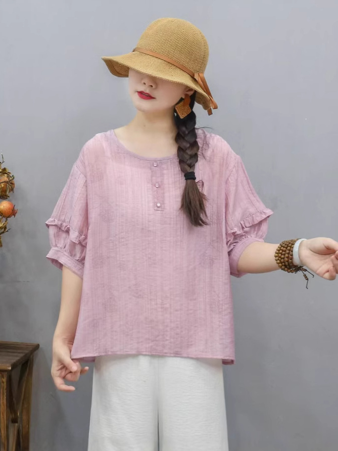 Transfronterizo 2025 primavera y verano nuevo estilo chino de ropa de mujer camiseta estampada mangas de linterna camiseta de mujer collar redondo literatura y arte image 3