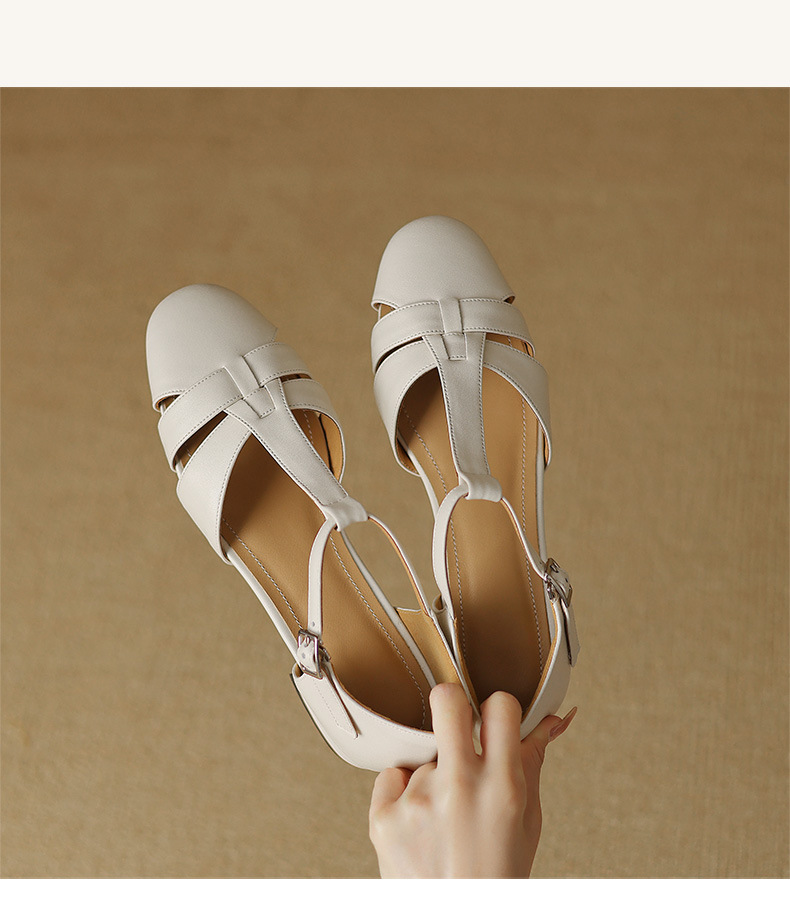 Sandal nữ bít mũi khóa chữ T phong cách La Mã cổ điển, gót thấp — Màu trắng be chi tiết 3