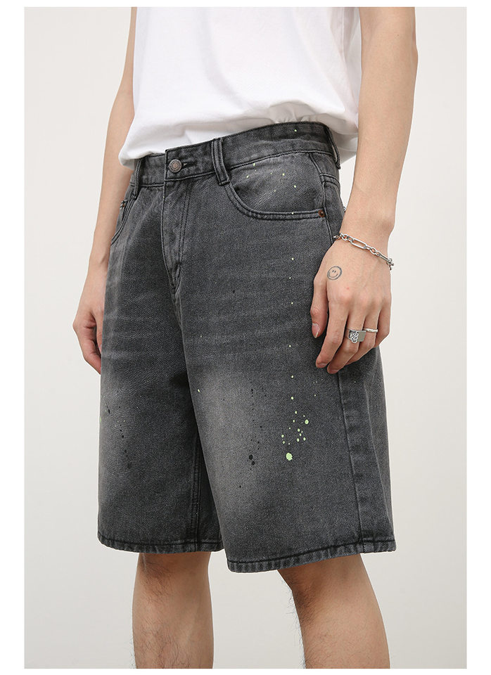 Quần short denim nam ống rộng lửng trên gối, họa tiết vệt sơn mực kiểu đường phố — Xanh lam nhạt, Đen xám chi tiết 6