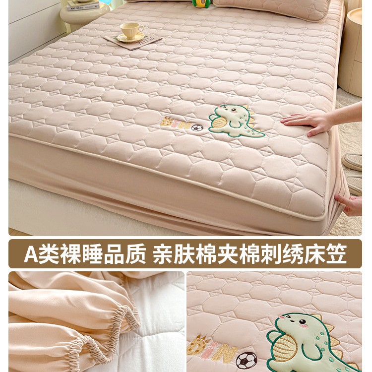 Sombrilla de cama bordada acolchada acolchada de algodón de una sola pieza cubierta protectora de colchón de algodón puro grueso 2025 nuevo juego de tres piezas de funda de cama