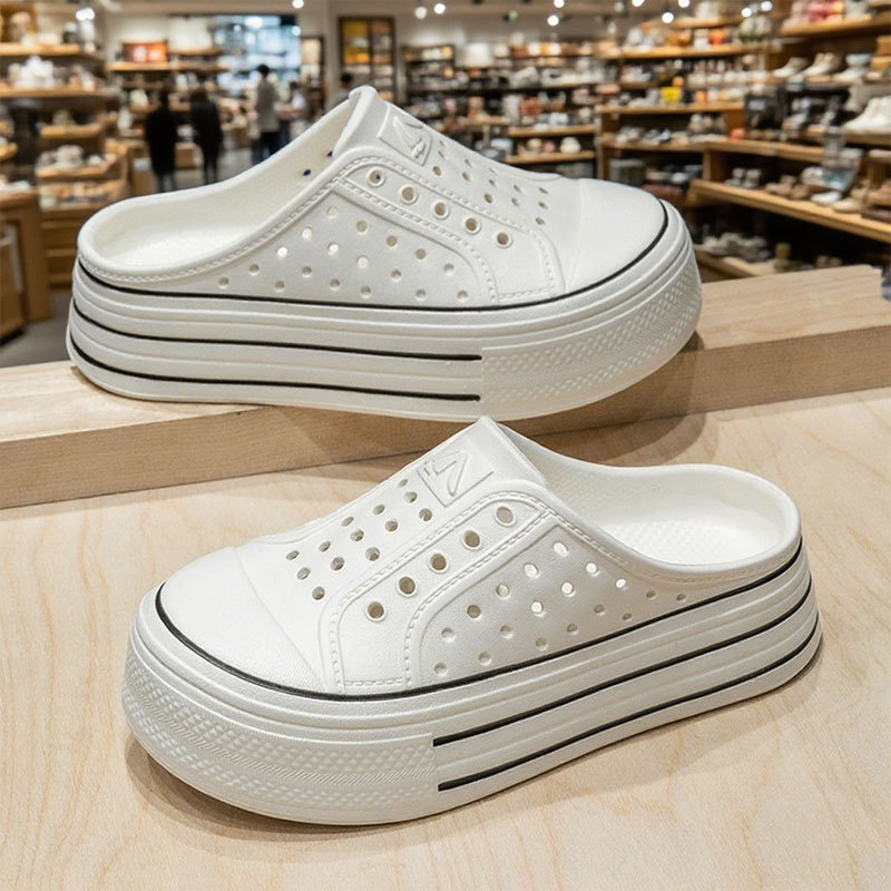 Croc Shoes Women's New Summer Style Slip-On Half-Drag Heightening Thick-Soled Sandals Students Wear White Shoes Women's Slippers