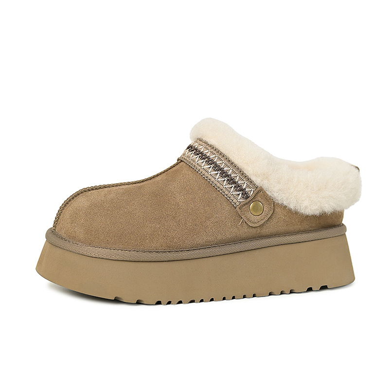 Giày bốt tuyết đế dày nữ mũi tròn lót lông cừu ấm áp kiểu dép nửa Birkenstock — con lạc đà