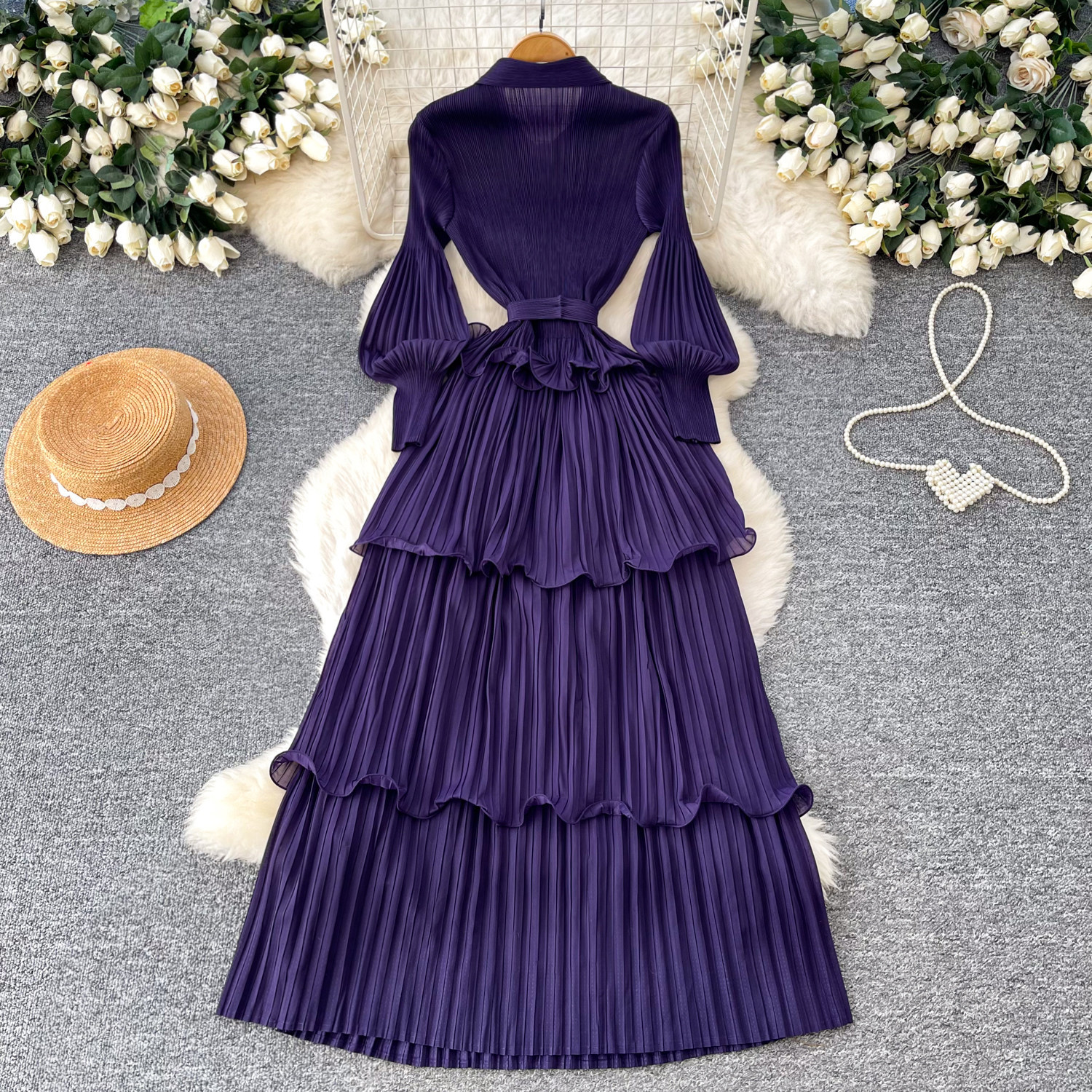 Korean Style Lantern Sleeve Dress, Women's Fitted Waist Tie Ruffle Pleated Cake Skirt, Slimming Long Skirt_ecoleips.com