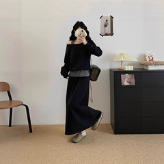 大码女装2025秋冬新款胖MM韩版简约休闲露肩假两件上衣半身裙套装