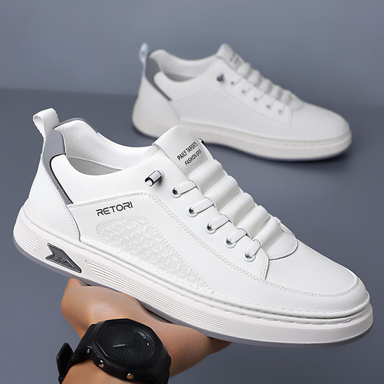 Men's Shoes Spring 2025 New Leather Breathable Sports Casual Shoes Korean Fashionable All-match White Men's Shoes for Youth