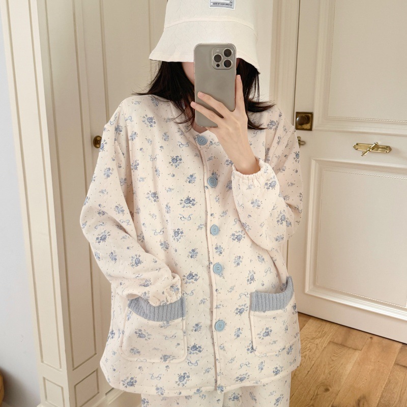 Floral Postpartum Clothing with Breast Pads, No Need to Wear Intimates, Air Cotton Sandwich Nursing Maternity Pajamas, Women's Hooded Home Clothes