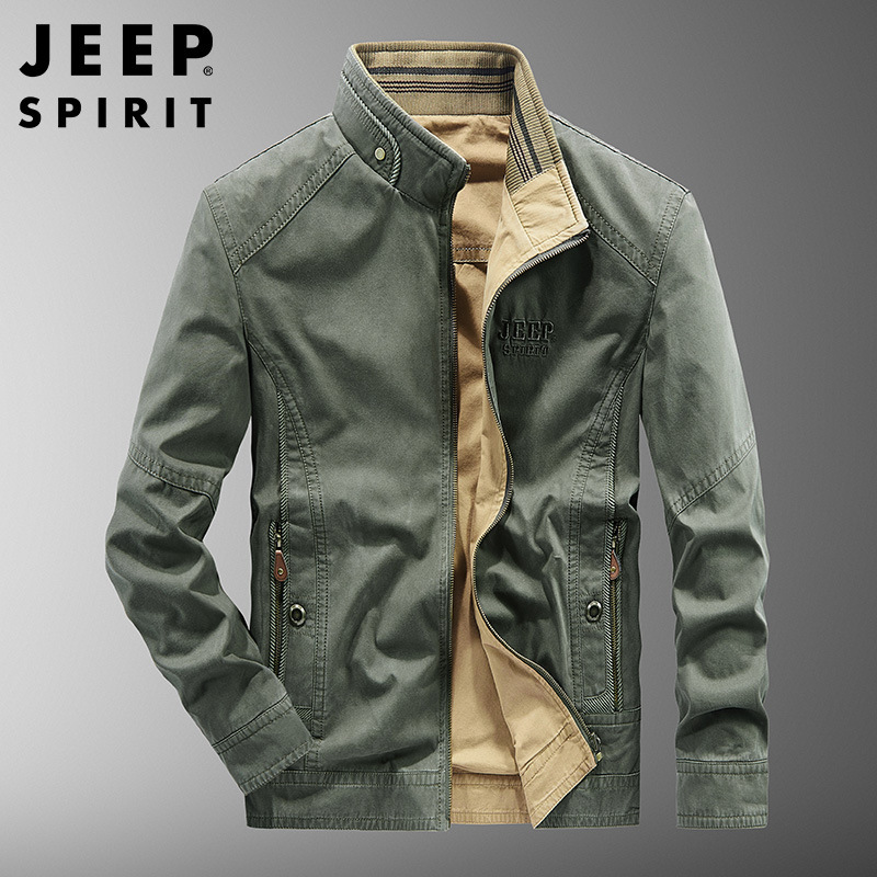 JEEP SPIRIT man new pattern Jacket spring and autumn Double face leisure time Stand collar Solid Jacket coat