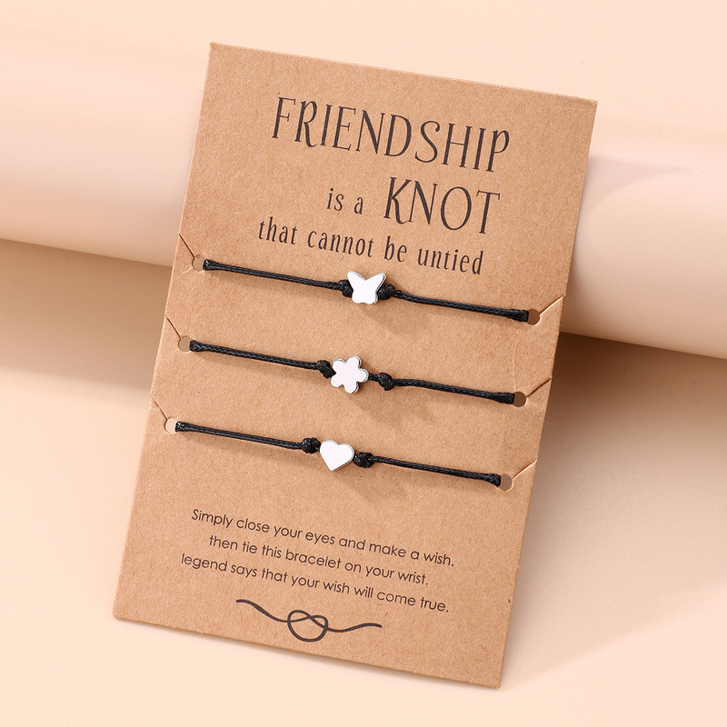 Cross-border hot sale friendship card bracelet simple butterfly love black rope woven bracelet suit three-person bracelet wholesale