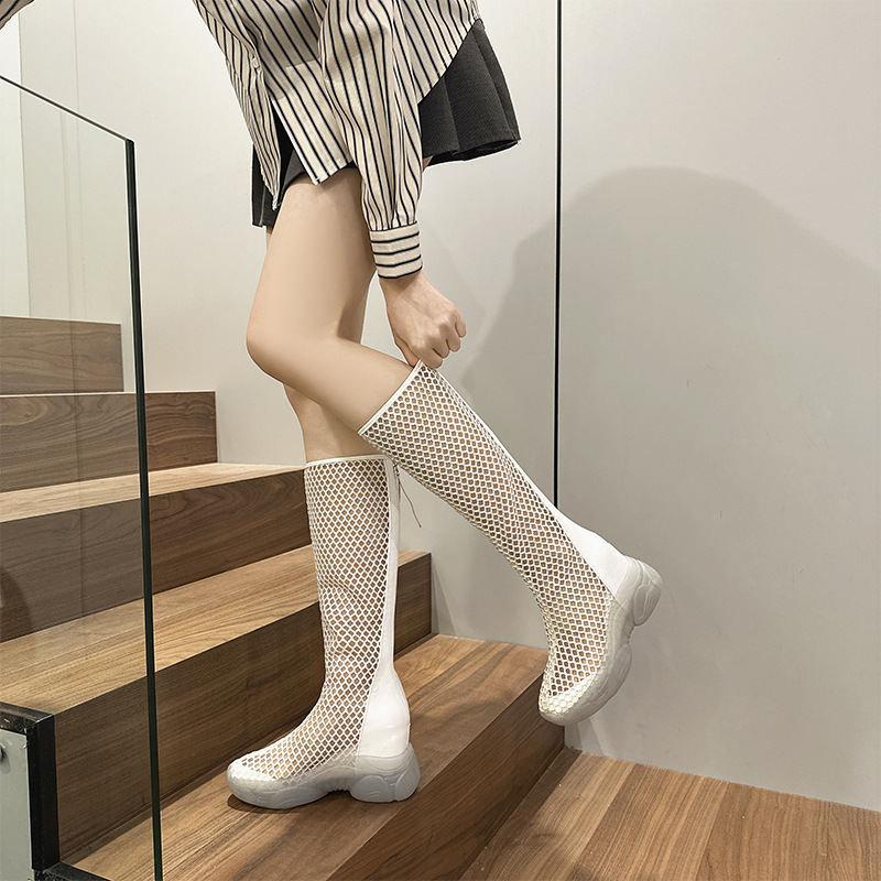 Women's Hidden Heel Long Boots 2026 Summer Mesh Style Hollow-Out Back Zipper Cool Boots Thick-Soled Versatile Knee-High Women's Shoes