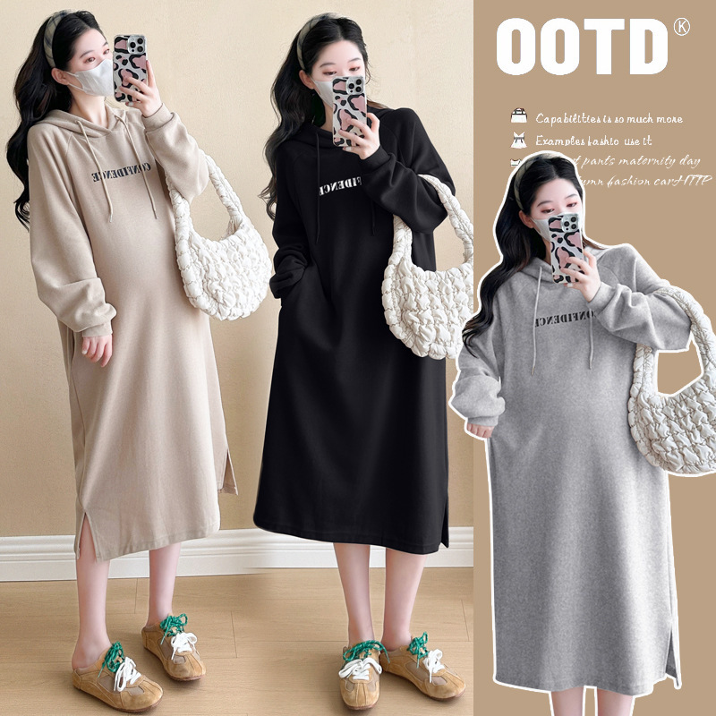Pregnant Women's Autumn and Winter Clothing Cotton Mid-length Double-layer Hooded Over-the-knee Skirt
