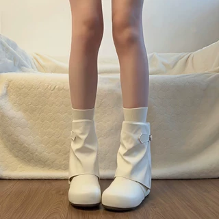 9cm增高~复古白色厚底勃肯短靴女夏季小个子褶皱堆堆裤管显瘦靴子
