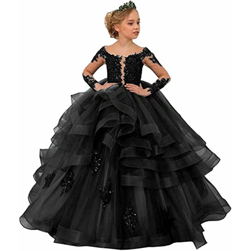 Nuevo vestido de novia para niños europeos y americanos de manga larga para niñas de cumpleaños de rendimiento de encaje vestido de pastel de princesa hinchada