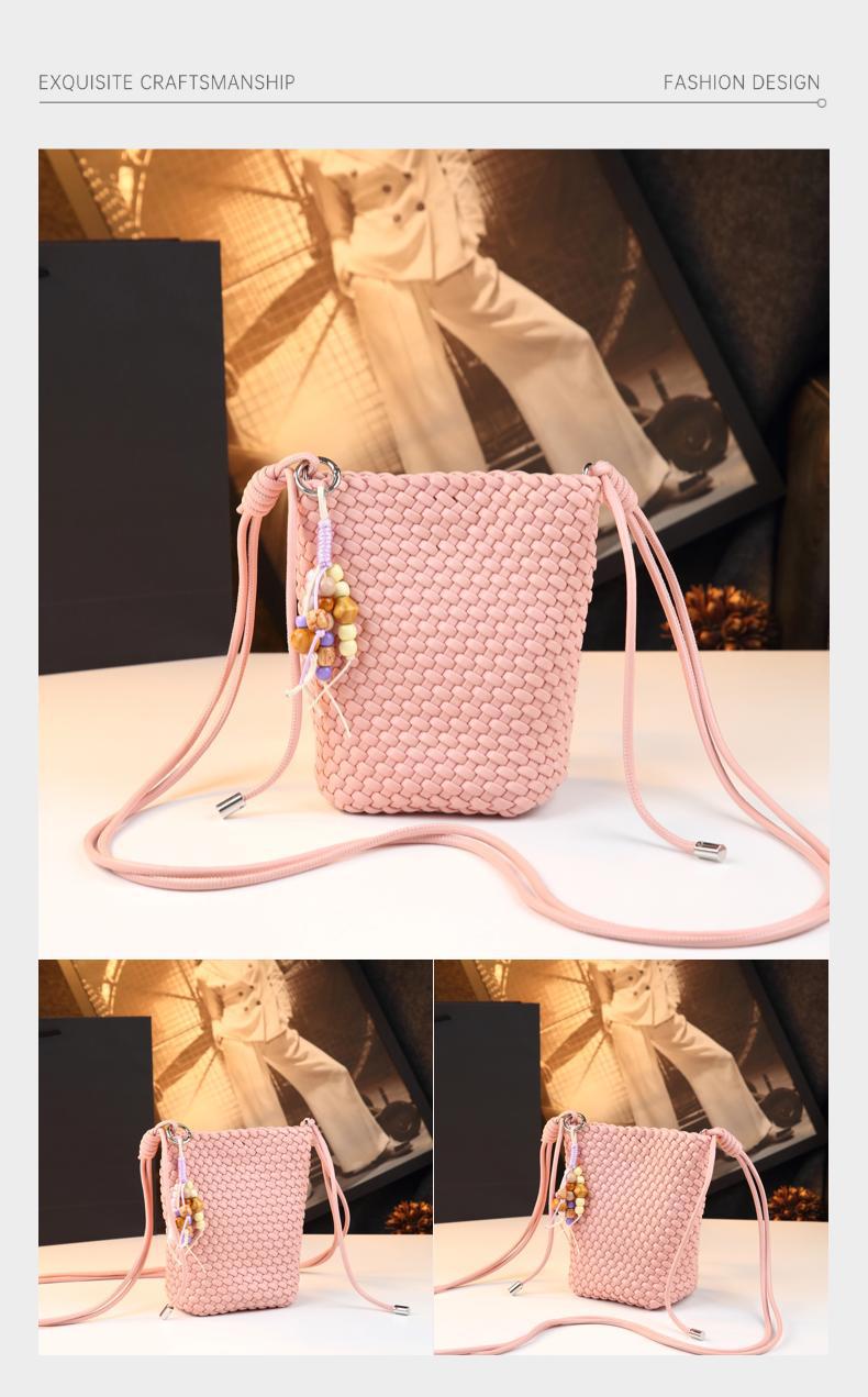 Túi bucket nữ da thật phong cách quý cô, kiểu dáng nhỏ gọn, đeo chéo tiện lợi — màu hồng, Sông băng xanh, Vàng Sâm Banh, Sữa lắc vàng chi tiết 12