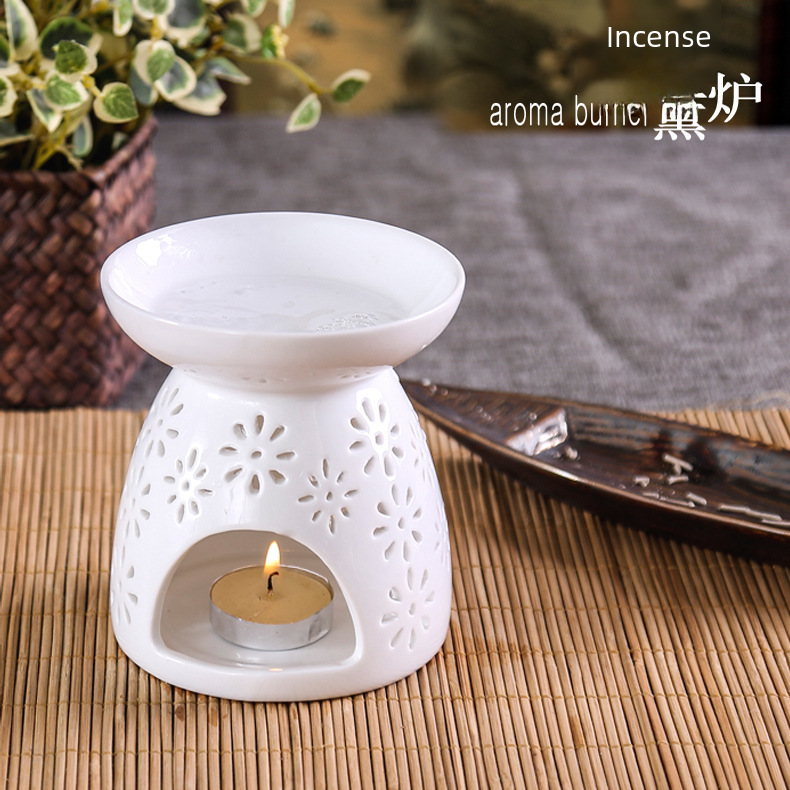 Wholesale L72 Tang-style carved hollow white ceramic aroma diffuser essential oil burner, home fragrance craft product