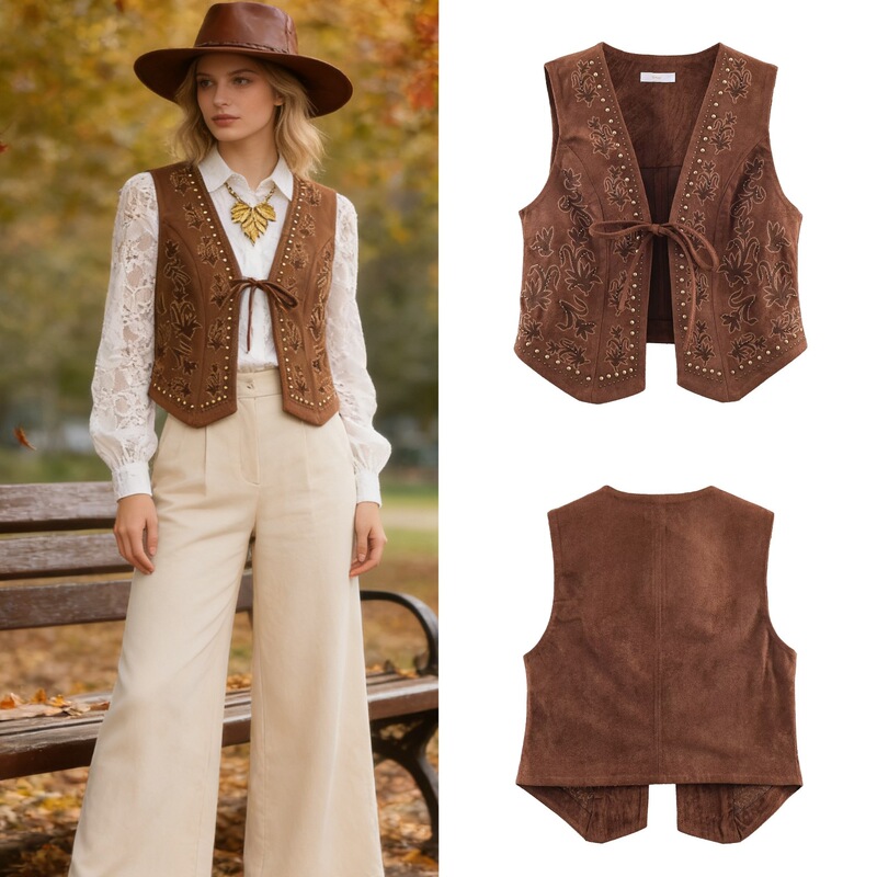 Zr Foreign Trade Cross-Border Women's Clothing Wholesale European and American Style Fashion Retro Beaded Embroidery Velvet Texture Effect Vest